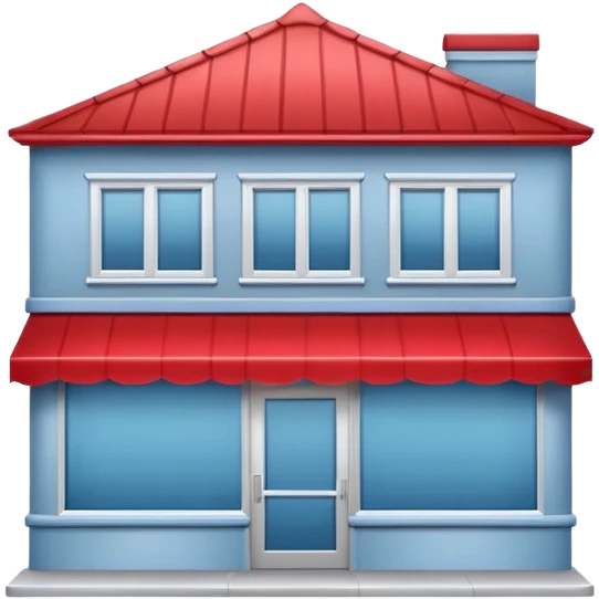 flat vector emoji of miniature storefront with red peaked roof, light gray walls, blue sign area, large front windows, sliding glass double doors, clean rounded minimal style, subtle shadows, soft lighting, front-facing, plain background, no text or logos emoji