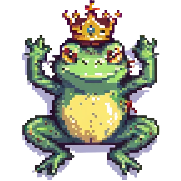 pixel art crowned frog, jumping with crown slightly tilted emoji