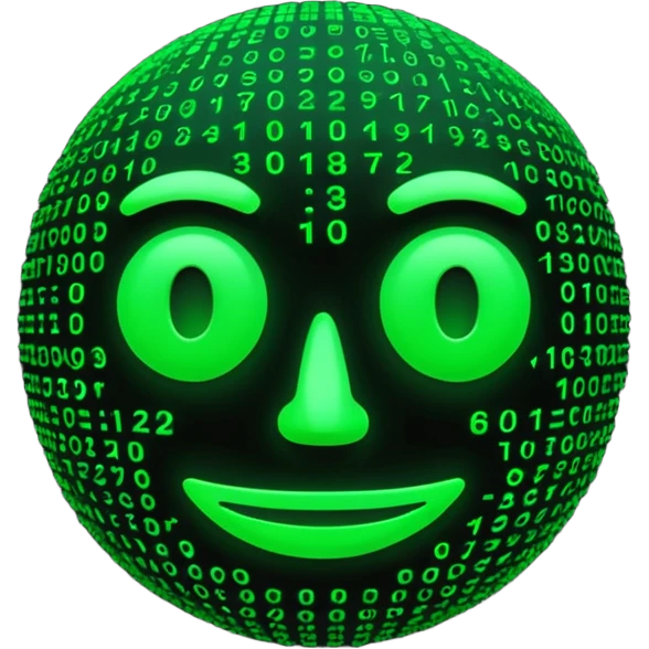 Futuristic 3D emoji made of glowing green Matrix code, digital rain background, cyberpunk neon glow, dark black backdrop, minimalist rounded face, high contrast, cinematic lighting, ultra-sharp, high resolution. emoji