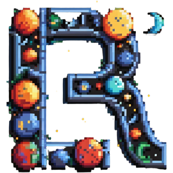 letter J with pixel planets and moons orbiting around it emoji