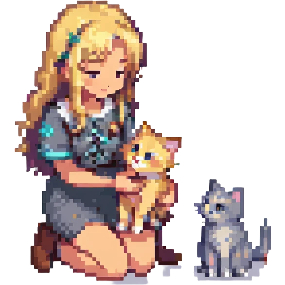 Remix using this girl as the character, petting a gray and blonde mixed cat in pixel art style. The girl is kneeling and the cat is looking up. emoji