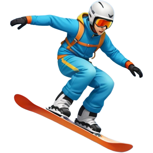 An icon showing a snowboarder performing an exciting jump on a snow-covered slope. The background features towering mountains, snow-covered trees, and a bright, clear sky. Transparent background highlights the speed, agility, and thrill of snowboarding. emoji
