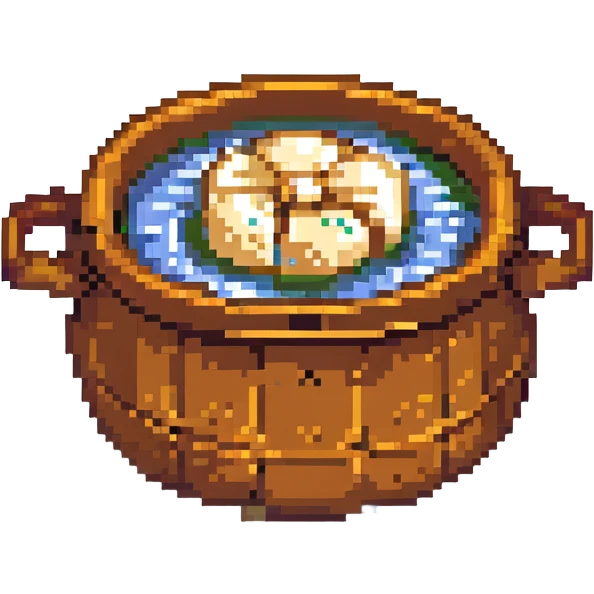 pixel art dumpling in a pot of boiling water, pixelated, retro game style emoji