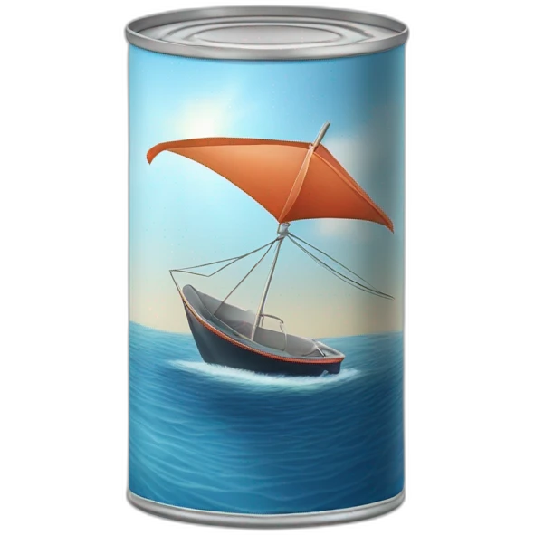 realistic can of tuna fish sowing the shape of a sailling boat on a sea background emoji
