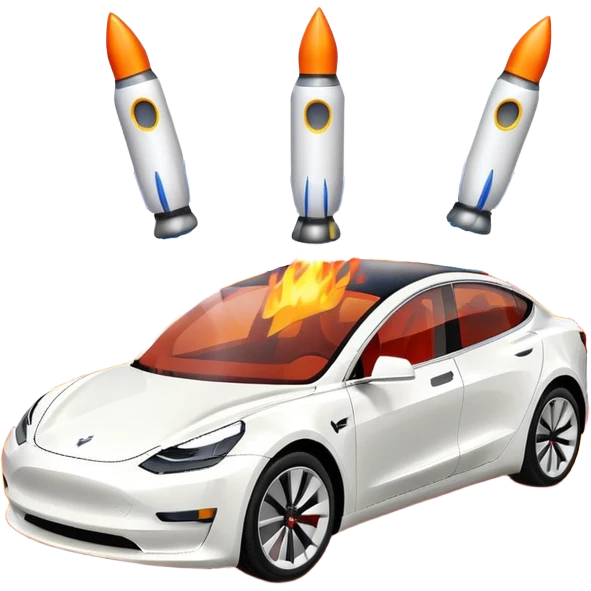 Tesla model 3 white. Two rockets mounted on roof flame backwards emoji