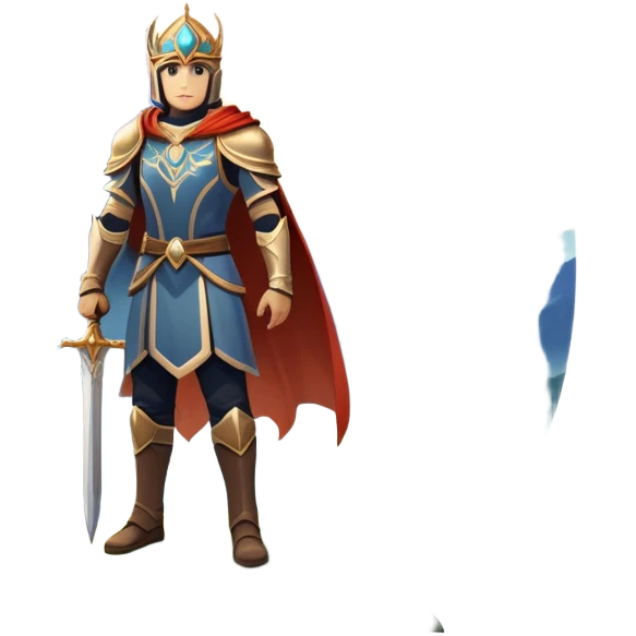 An icon featuring a hero with a closed visor, standing in a majestic, mystical landscape, inspired by RPGs like Elden Ring. The design includes a stunning, ethereal background with towering castles and distant mountains, symbolizing the adventure and mystery. Transparent background emoji