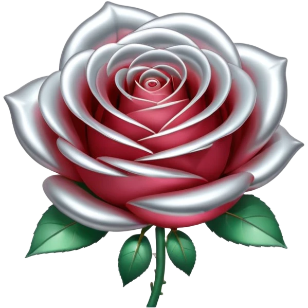 A rose emoji made of liquid silver metal, smooth metallic petals, reflective chrome surface, soft gradients, elegant shape, minimalistic iOS emoji style, centered, clean white background, realistic highlights, no text emoji