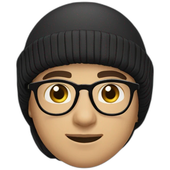 a light skin Pakistani teenager, wearing round glasses, short moustache, black hair, black jumper/sweater, structured manly face, blue islamic cap emoji