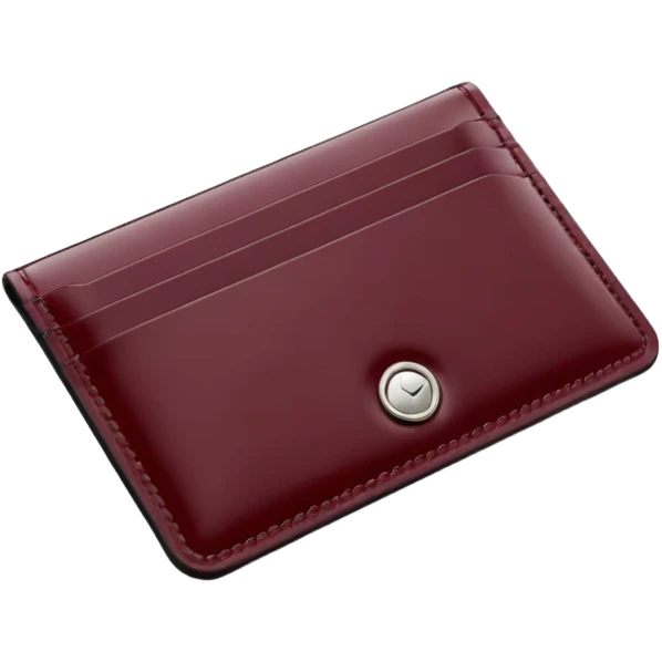 A professional studio photograph of a high-quality, slim leather card holder. The card holder is in [deep Burgundy color with a high-gloss patent enamel finish, reflecting light like a jewel .It features precise stitching and minimalist, elegant metal hardware emoji