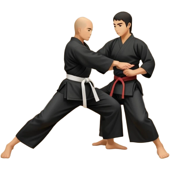 An icon depicting a martial artist in a black gi performing an Aikido technique in a dojo. The background showcases wooden floors, traditional dojo decor, and soft lighting that creates a peaceful yet focused atmosphere. The Aikido practitioner demonstrates fluid movement and precision.  emoji