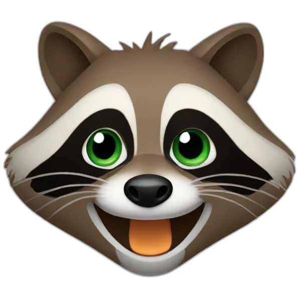 brown raccoon with orange eyes and a dark green hood that is laughing emoji