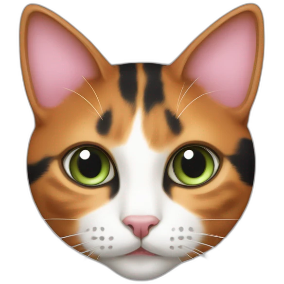 young striped calico cat face with a pink nose, white chin, green eyes, and orange/brown markings, orange tip on one ear emoji