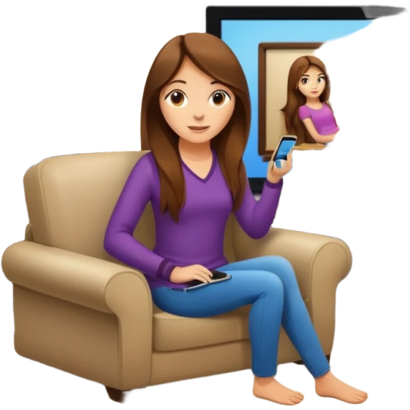 beautiful girl with long brown hair constructing new lounge room area with flat screen tv and couch emoji