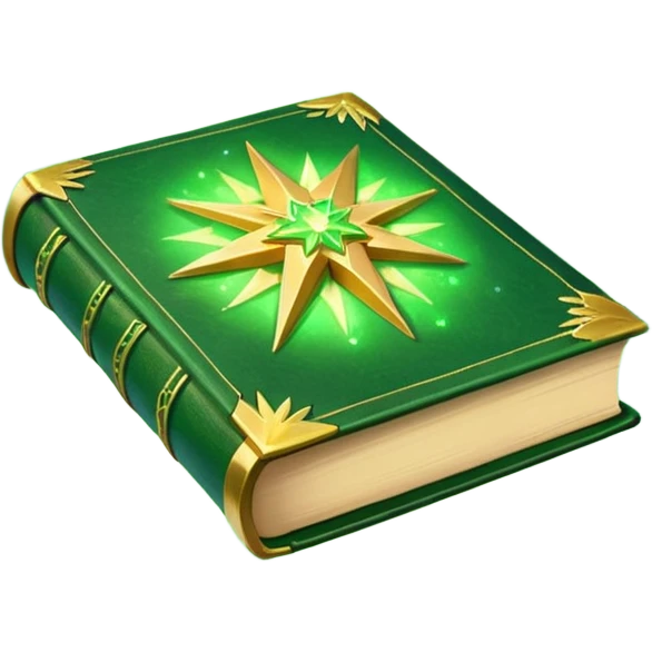 A **green, glowing book** with **golden edges**, floating with **sparkles and magical wisps** around it. The cover features a **golden starburst sigil**, symbolizing charm and radiance. ✨📖 emoji