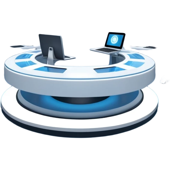 A futuristic workspace powered by an arc reactor, glowing blue and white, with holographic screens displaying creative content. Dynamic, high-tech, and inspired by Iron Man. emoji