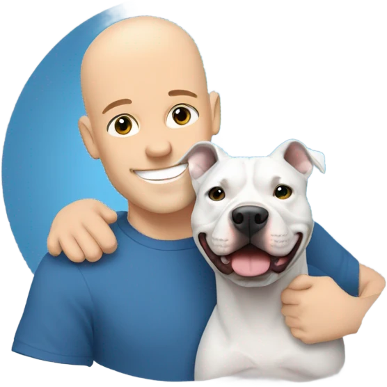 bald white man no beard blue eyes and blue tshirt Hugging large gray smiling pit bull emoji