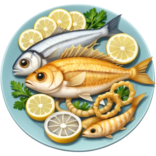 apple style ios emoji minimal round plate of assorted fried fish pescaito frito including anchovies calamari rings small whole fish with lemon wedges and parsley golden brown yellow white soft shading emoji