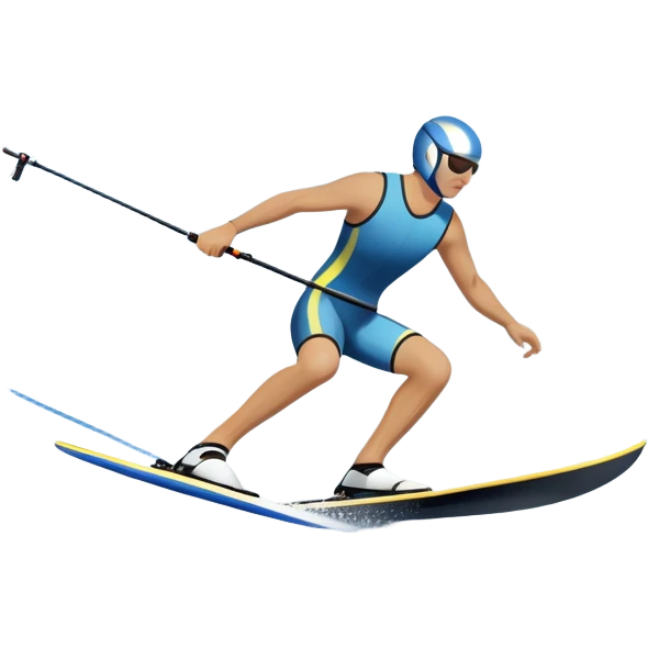 A humanless icon showing a pair of water skis skimming across the surface of a lake, with a skier in motion. The design includes a wake behind the skier, splashing water, and the sun reflecting on the water. Transparent background highlights the speed and thrill of water skiing. emoji