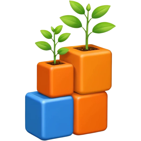 Три разноцветных строительных кубика (синий и оранжевый), сложенных друг на друга, из верхнего кубика растет маленький зеленый росток. Символ начала и роста. emoji