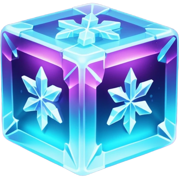 glowing ice crystal cube, icy neon cyan highlights, purple neon accents, dark background, digital tech style. emoji