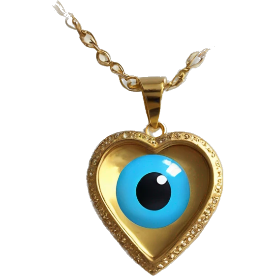 Turkish light blue evil-eye circular symbol inside of a gold heart necklace emoji