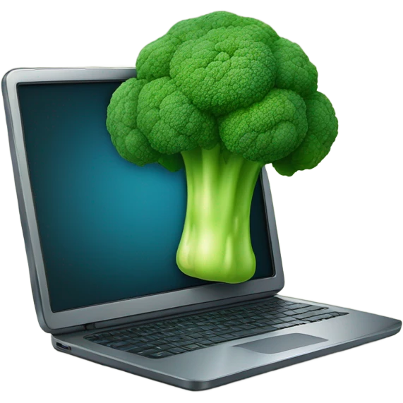 Generate a creative broccoli emoji sitting in front of a computer with a stylus, designing something on a screen. emoji