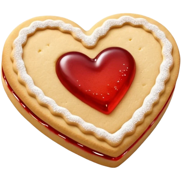 Realistic shortbread cookie in the shape of a heart with red jelly middle filling and sprinkled powder sugar on top. emoji