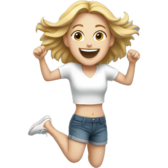 White girl jumping and smiling emoji