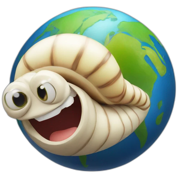 planet Earth with a cartoon smiling snail face with smiling eyes emoji