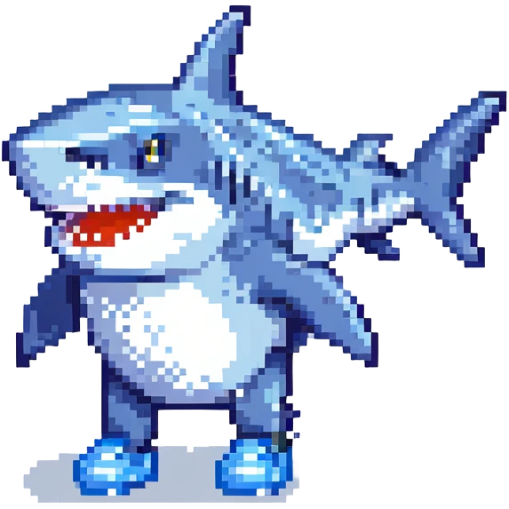 a shark with three legs, last leg near the back fin, wearing blue Nike shoes, closed mouth, pixel art style emoji