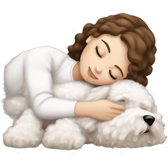 White girl brown hair sleeping with Mini Bichon emoji