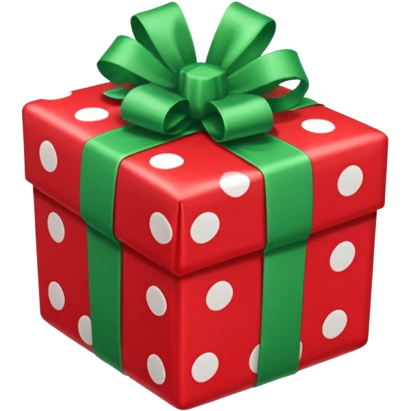 A red gift tied with a green ribbon in a white polka dot, emoji