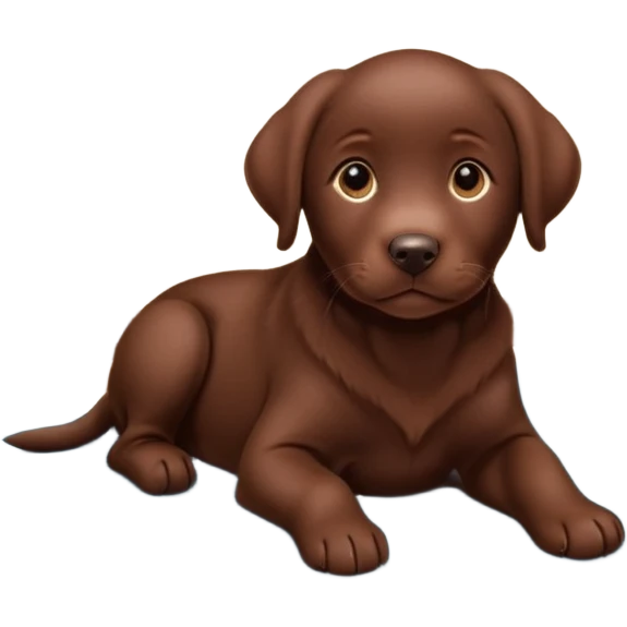 A chocolate Labrador Retriever puppy lying on a cozy carpet indoors, looking curious. Warm indoor light, realistic fur detail, shallow depth of field. emoji