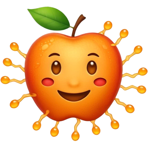 Apple-style emoji. Cute, smiling, glowing orange stem cell with small protrusions. White background. emoji