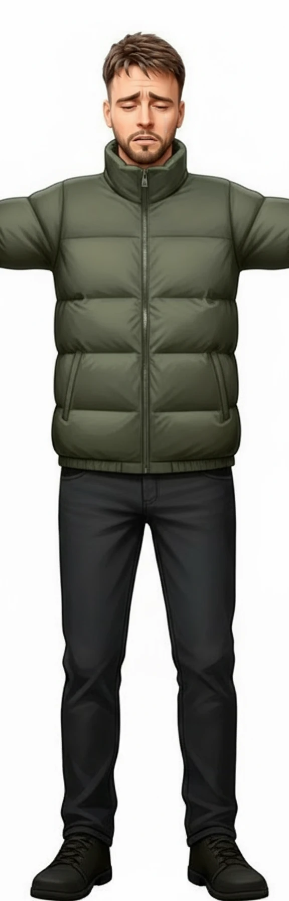 нарисуй человека в одежде как во вложении, с лицом как на картинке с лицом, но руки раскинуты в разные стороны, расстроен, без фона emoji