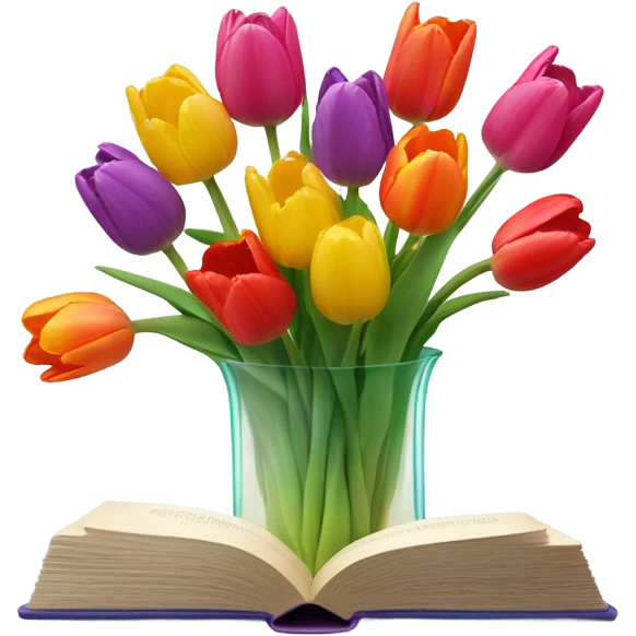 flowers vase in form of transparent book vase, with tullips emoji