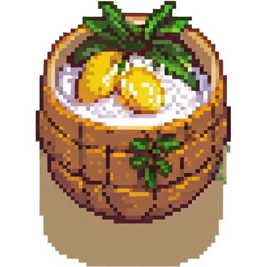 pixel art style mango sticky rice, with sliced mango and coconut rice, colorful and cute emoji