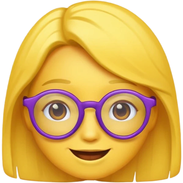 un emojis amarillo, con el cabello corto y lacio, con lentes violeta y una sonrisa emoji