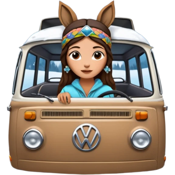 A parked VW bus painted white and black and filled with different 3d crystals and 3d crystals secured to roof surrounded by winter scenery with squirrels, birds, rabbits, wolves and a brunette hippie with headband is seated in the drivers seat emoji