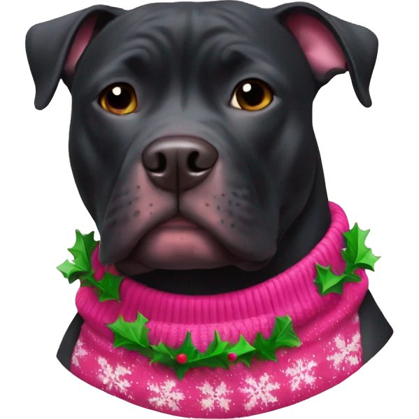 Black pitbull with pink Christmas sweater emoji