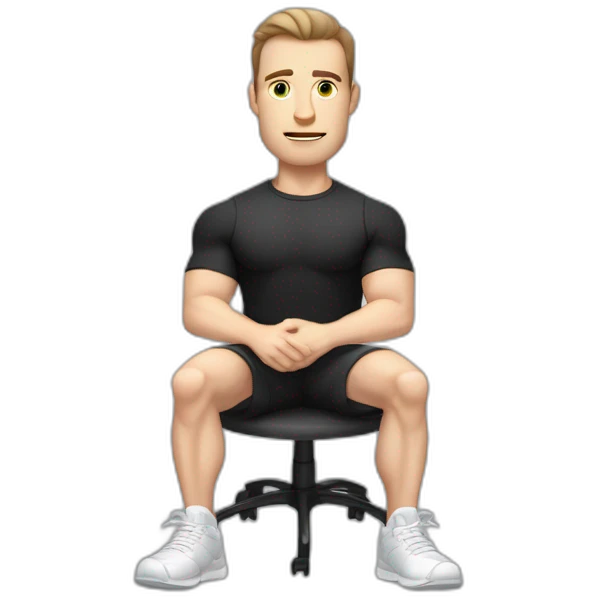 Pale skinned Fit Man With the biceps and dark brown hair in black shirt, gray sports shorts and white Sneakers Sitting on a chair emoji