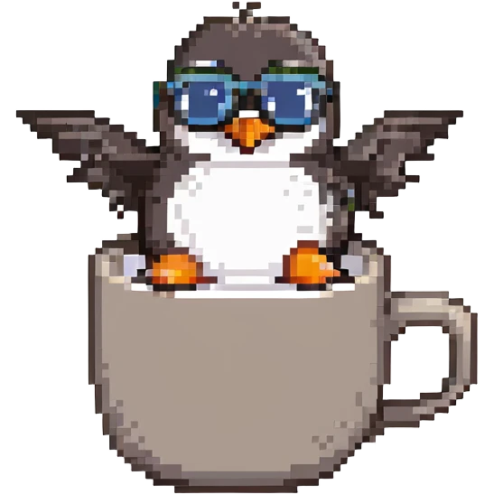 Add sunglasses to the penguin, keep the pixel art style, flying in a hot desert next to a large steaming cup of tea, with no background. emoji