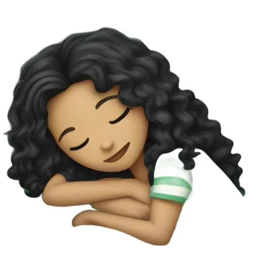 light skin color girl with long curly black hair sleeping in a bed with faded green striped comforters emoji