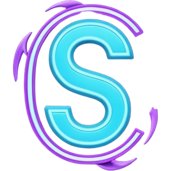 futuristic minimalistic emoji icon, letter "S" formed by three glowing digital lines representing Storm, Atom and NoizeGames, neon purple (#8B5CF6) and cyan (#00E0FF) on dark background, modern tech style, 1:1 aspect ratio emoji
