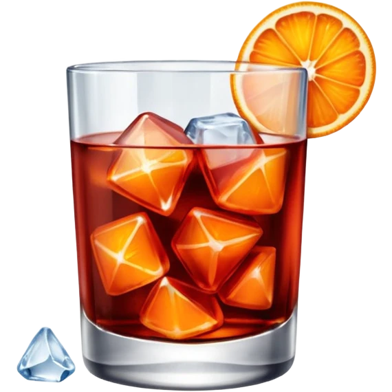 A short glass with bright red Negroni, ice cubes, and an orange wedge on top. emoji