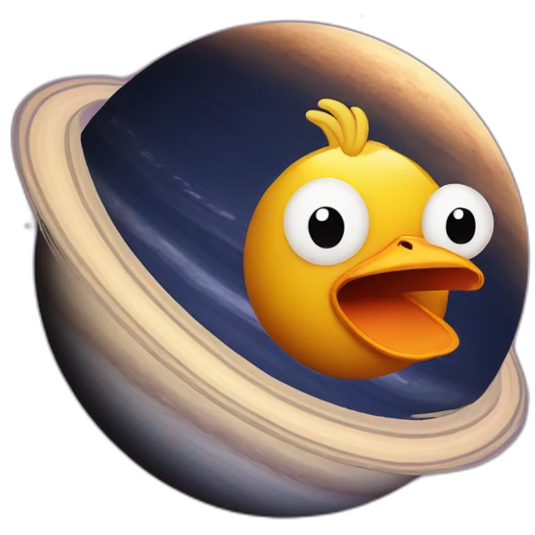 planet Saturn with a cartoon chicken face with raised eyebrow emoji