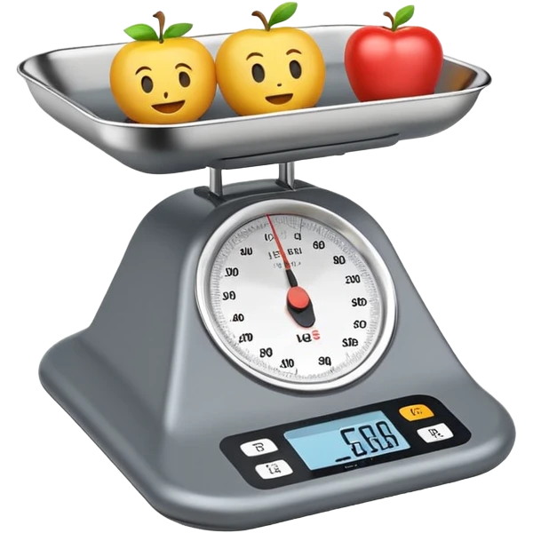 iOS-style 3D emoji: a small digital kitchen scale with a flat platform and an LCD screen displaying 0 g. emoji