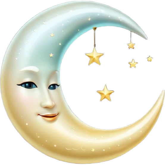 “A luxurious ultra-detailed 3D crescent moon with a high-gloss pearlescent surface, smooth reflective texture, soft glowing rim light, cinematic studio lighting, subtle light bloom, realistic depth and curvature, elegant and magical mood, floating in dark space, minimal composition,  emoji
