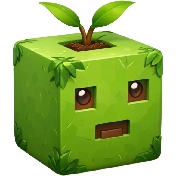 A 3D Apple-style emoji of a Minecraft grass block, cubic shape, with bright green grass on top and brown soil with pixel texture on the sides, simple and cute cartoon design. emoji