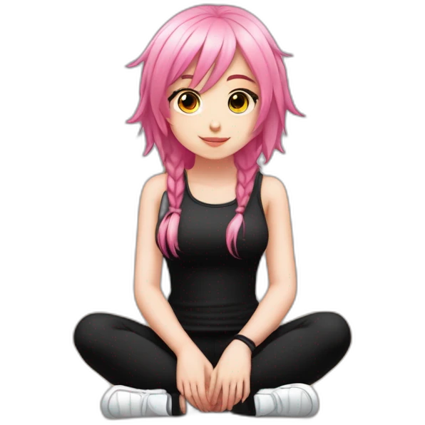 Full body Front view curvy emo girl pink hair sits on the floor straight view hands up black skirt белые трусики полосатые рваные чулки emoji